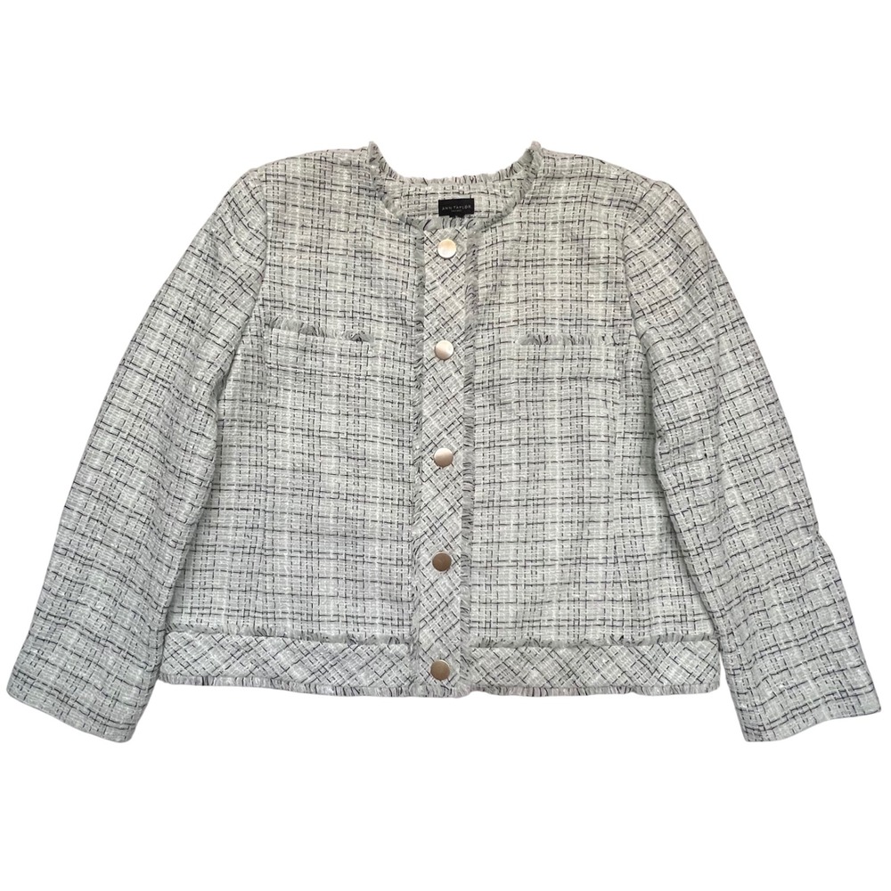 Ann Taylor‎ Light Green Tweed Fringe Collarless Button Front Blazer Size XL
